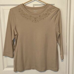 3 for $10 Studio Works brown caramel 3/4 sleeve shirt w/ pattern sz small petite